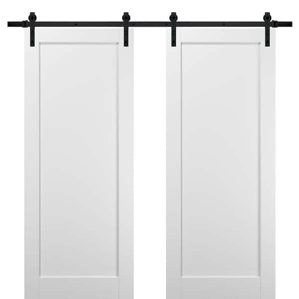 Sartodoors 4111 72 in. x 96 in. Single Panel White Finished Wood Sliding Barn Door with Hardware Kit Black