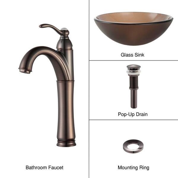 KRAUS Frosted Glass Vessel Sink in Brown with Single Hole Single-Handle High-Arc Riviera Faucet in Oil Rubbed Bronze