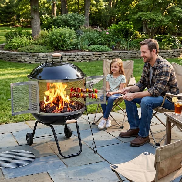 Bestier 46 in. Outdoor Porcelain-Coated Steel Wood Burning Black