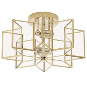 16.3 in. 2-Light Gold-128 Modern Semi-Flush Mount With Clear Glass Shade and No Bulbs Included