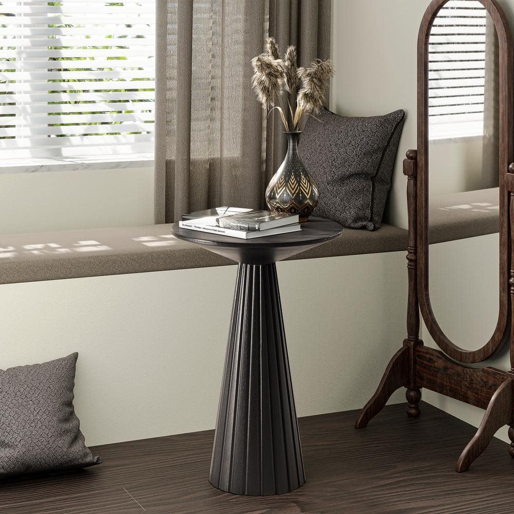 Black Round Pedestal Wood End Table with Textured Finish
