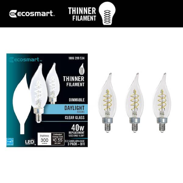 EcoSmart 40-Watt Equivalent BA11 Dimmable E12 Candelabra Fine Bendy Filament LED Vintage Edison Light Bulb Daylight (3-Pack)