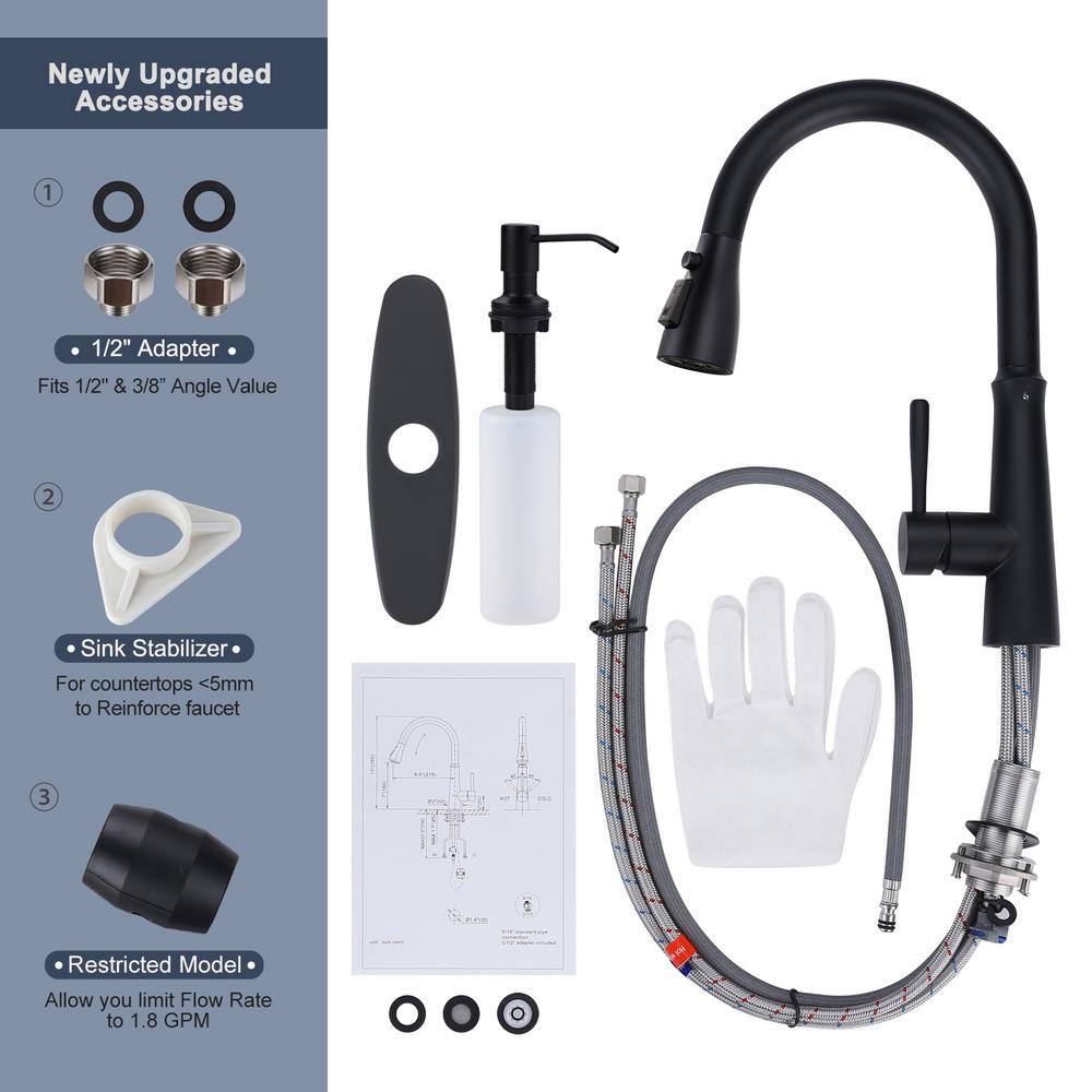 Matte Black Stainless Steel Pull Down Kitchen Faucet with Soap Dispenser
