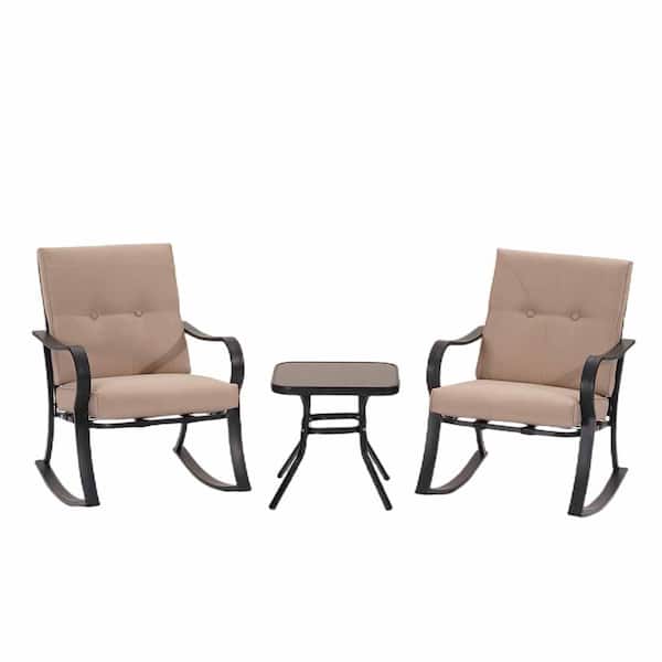 SUNRINX 3-Piece Patio Metal Outdoor Rocking Chair Set with Cushion (Tan)