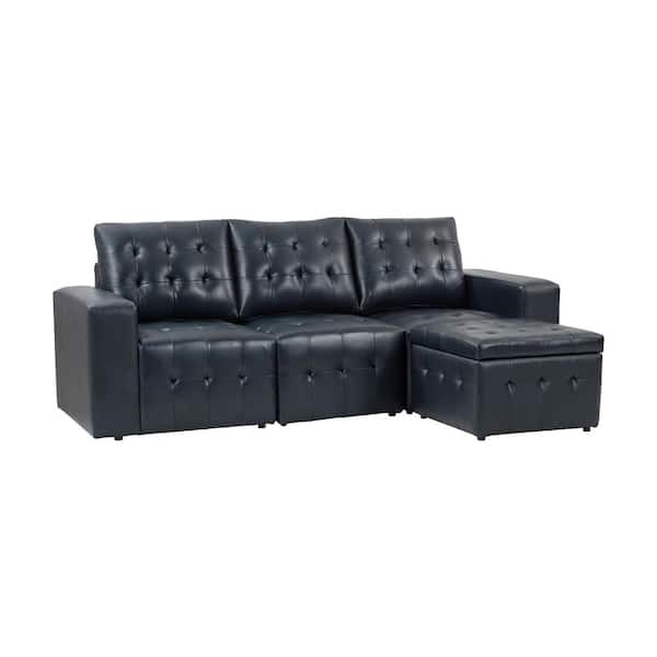 JAYDEN CREATION Nuria 87 in. wide Navy Leather Sofa with Removable Back Cushions