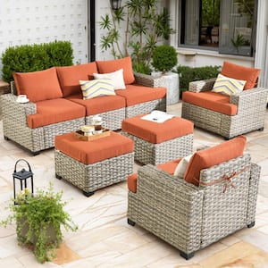 Taylor 7-Piece Wicker Outdoor Patio Conversation Seating Set with Orange Red Cushions