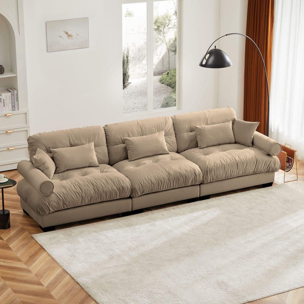 Dalton 130 in. Velvet Upholstered Rectangle Sectional Sofa in. Brown+Black with Blostered Armrests, Pillows price history on PriceWatchPro