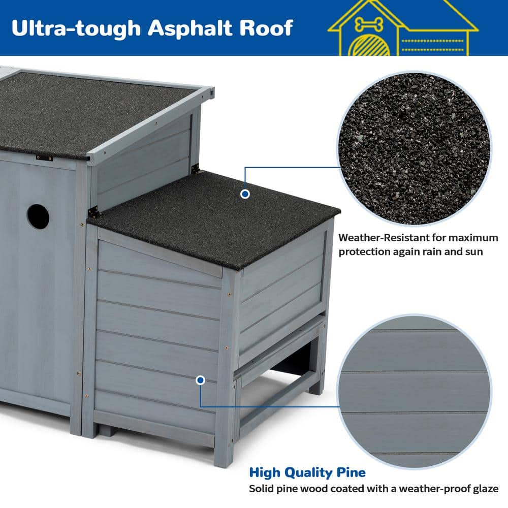 Large Gray Pinewood Outdoor Dog House with Feeding Bowls