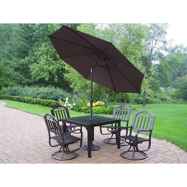Oakland Living Rochester 5-Piece Patio Swivel Dining Set with Tilting Umbrella and Stand