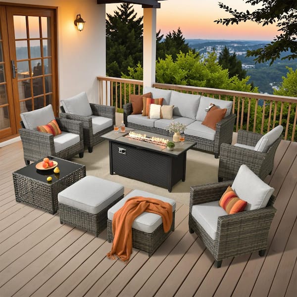 Scarlet 9-Piece Wicker Outdoor Fire Pit Patio Conversation Sofa Set with a Solar Lighted Table and Light Grey Cushions