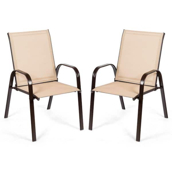 Clihome Patio Outdoor Dining Chair in Beige with Armrest (Set of 2)