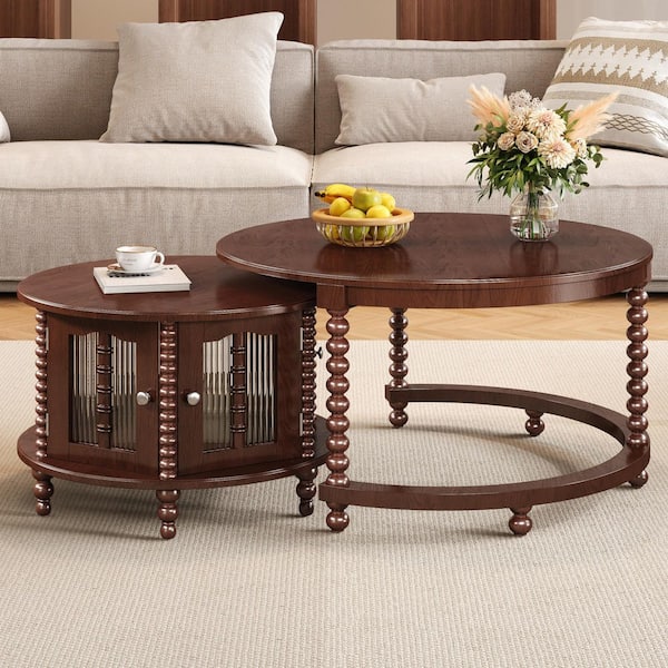Vintage 31.5 in. Walnut Wood Round Nesting End Table, 6-Glass Doors, Retro Beaded Legs