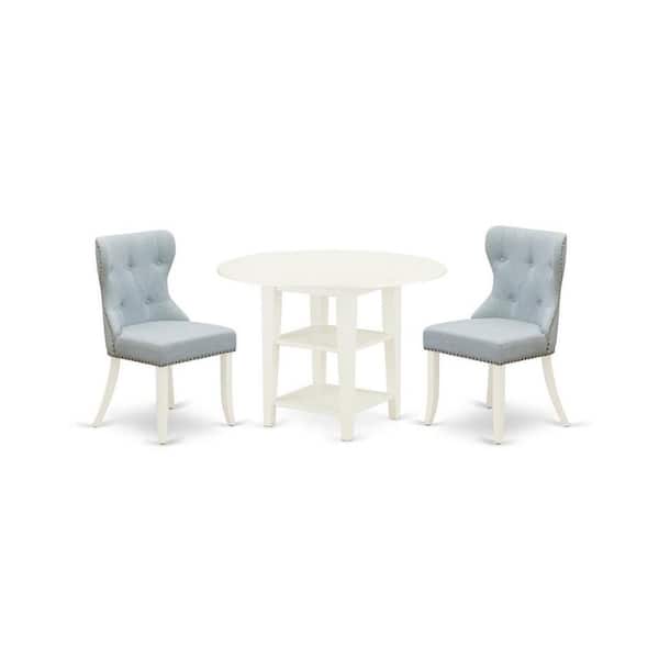 East West Furniture 3-Piece Linen White Finish Solid Wood Top Dining Table Set