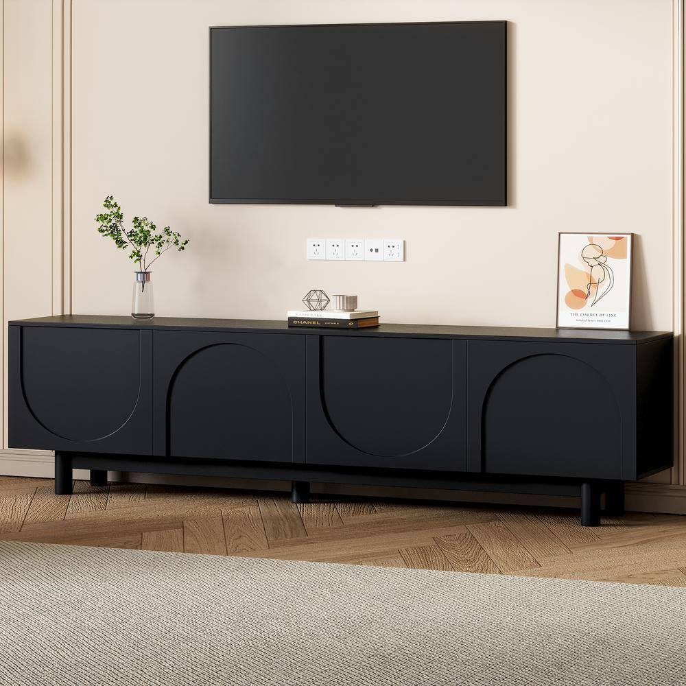 70.8 in. Black TV Stand Fits TVs up to 78 in. with Arch Cabinets and Adjustable Shelves