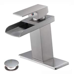 Single Handle Waterfall Spout Single Hole Bathroom Sink Faucet with Drain and Deckplate Included in Brushed Nickel