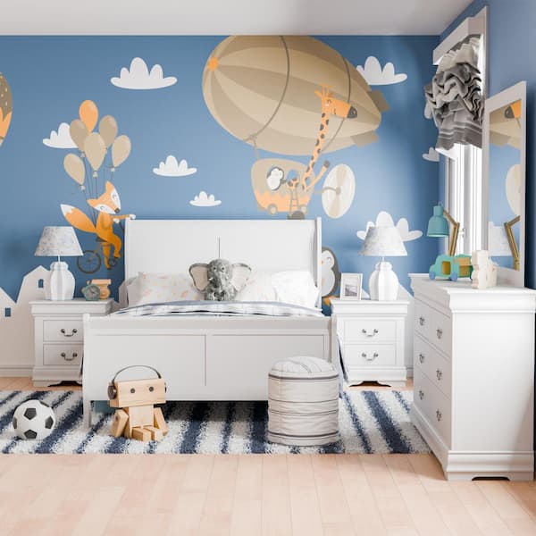 Burkhart 5-Piece White Wood Twin Bedroom Set with 2-Nightstands and Dresser with Mirror