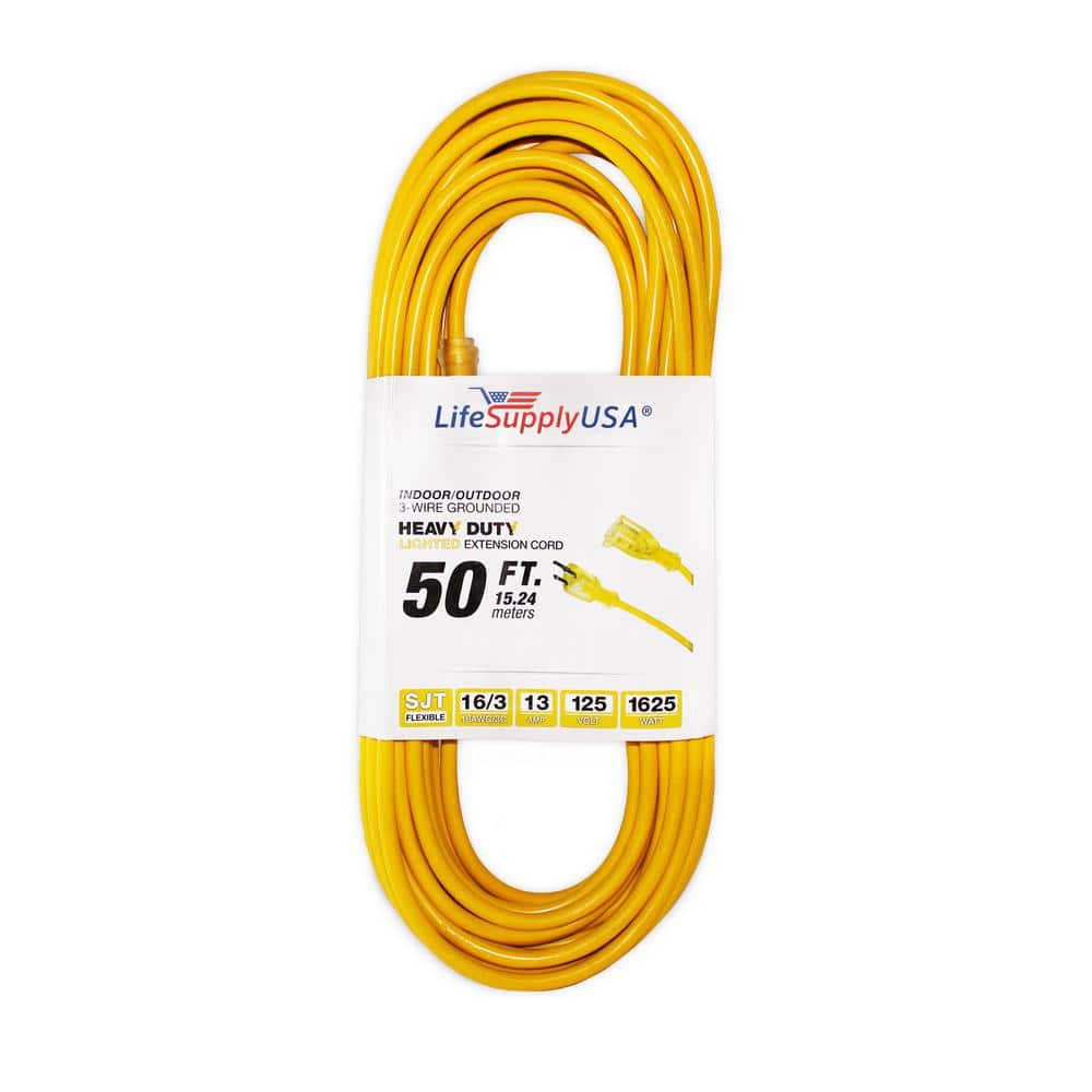 LifeSupplyUSA 50 ft. 16/3 SJT 13 Amp 125-Volt 1625-Watt Lighted End Indoor/Outdoor  Heavy-Duty Extension Cord 16350FT The Home Depot