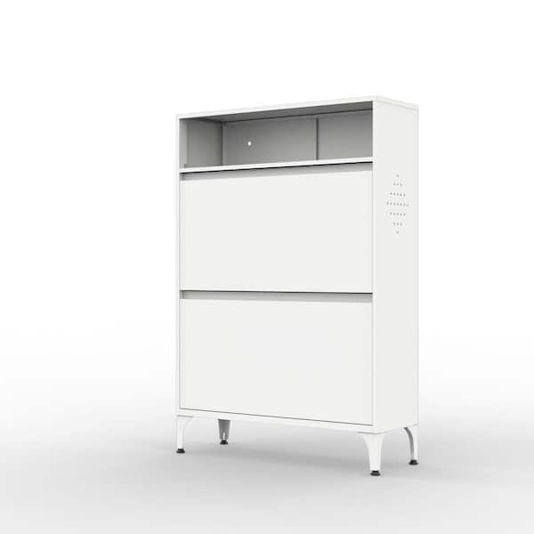 Tidoin 36 in. H x 28 in. W White Steel Shoe Storage Cabinet with 2 Flip Drawers