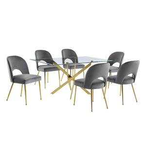 Olly 7-Piece Tempered Glass Top Gold Cross Legs Base Dining Set Dark Gray Velvet Fabric Chairs Set Seats 4.