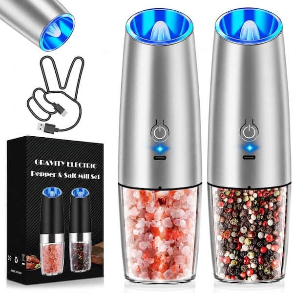Electric Salt and Pepper Grinder Set with Gravity Sensing Switch, USB Charging, Transparent Body, Silver