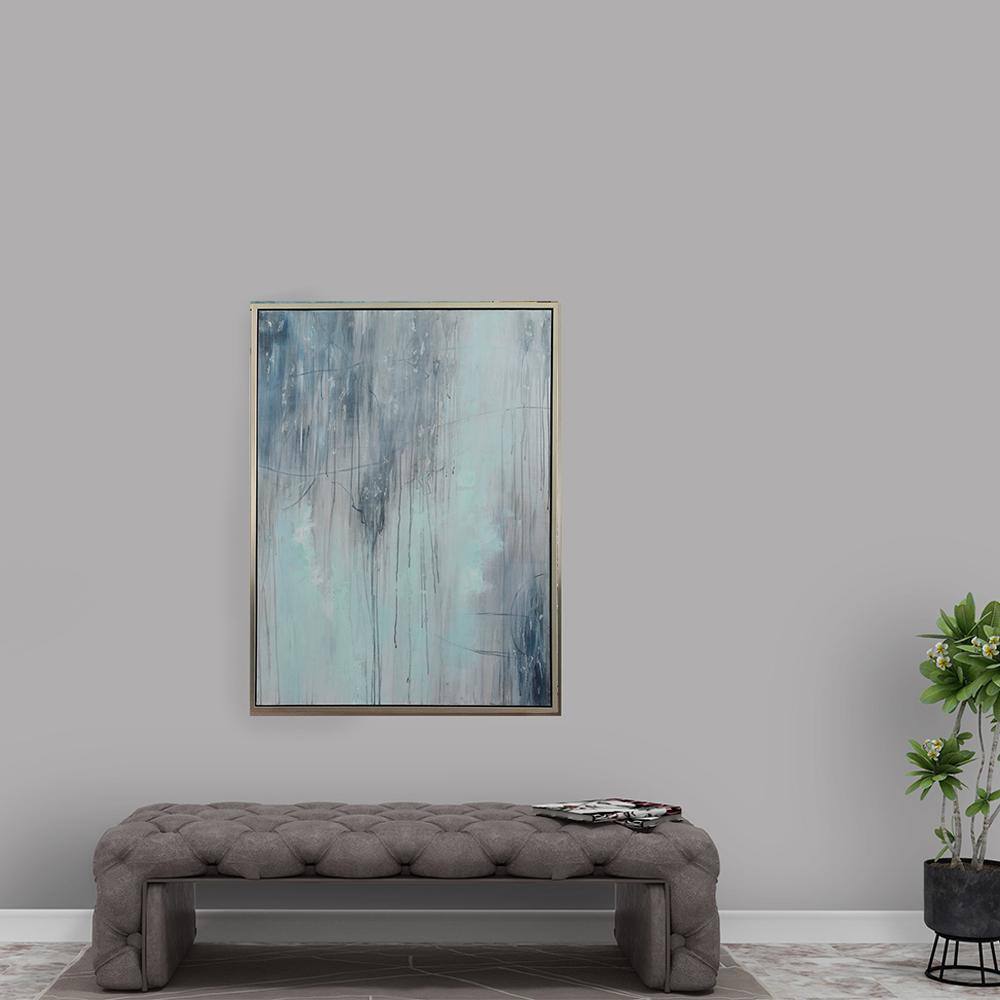 Blue and White Abstract Oil Painting on Canvas with Silver Frame