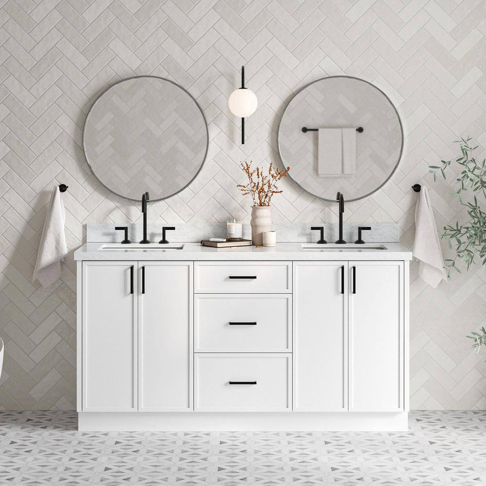 Kelly 67" White Double Sink Vanity with Carrara Marble Top
