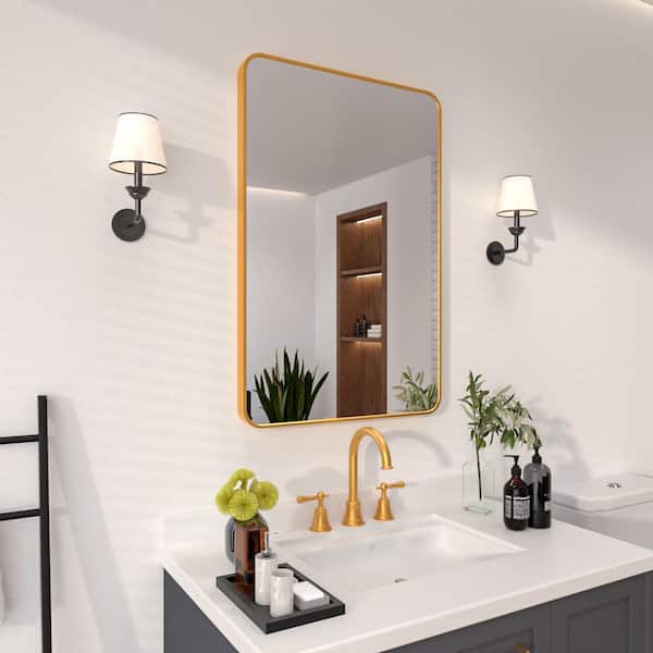 24 in. W x 36 in. H Rectangular Framed Wall Bathroom Vanity Mirror in Brass