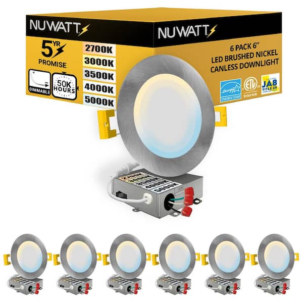 6 in. LED Brush Nickel Round Ultra Slim Canless Integrated LED Recessed Light Kit 5 CCT 2700K - 5000K Dimmable (6-Pack)