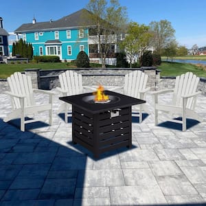 5-Piece White Recycled Plastic Patio Conversation Set Adirondack Chair with Black Propane Firepit for Yard