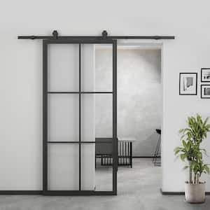 37 in. x 84 in. Full Lite Clear Glass Black Steel Frame Interior Sliding Barn Door with Hardware Kit and Door Handle