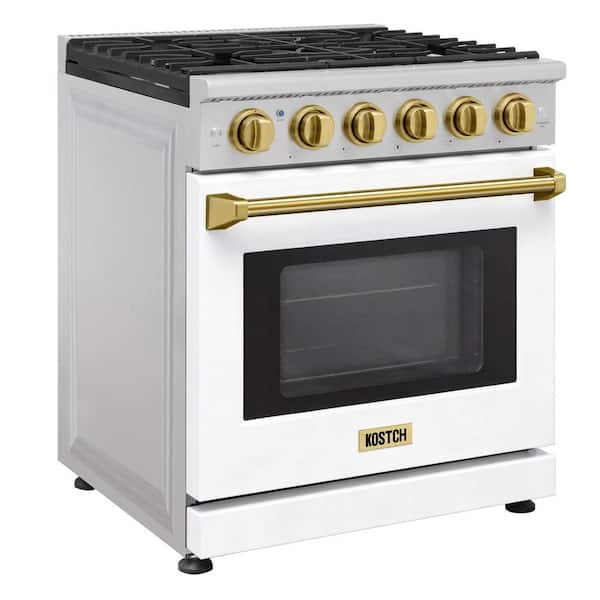 30 in. 5 Burners Freestanding Natural Gas Range with 4.55 cu. ft. Convection Oven in White with Bronze Handle