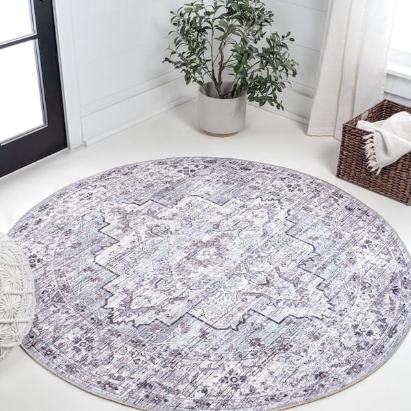 Didim Boho Gray/Purple 8 ft. Medallion Machine-Washable Round Area Rug