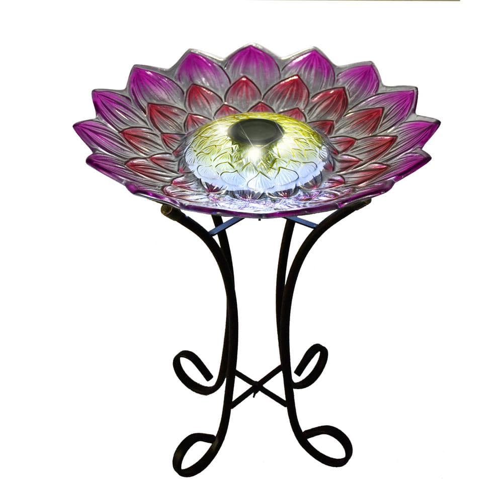 HI-LINE GIFT LTD. 18 in. Solar Pink Dahlia LED Floral Glass Bird Bath with Stand