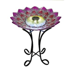 18 in. Solar Pink Dahlia LED Floral Glass Bird Bath with Stand