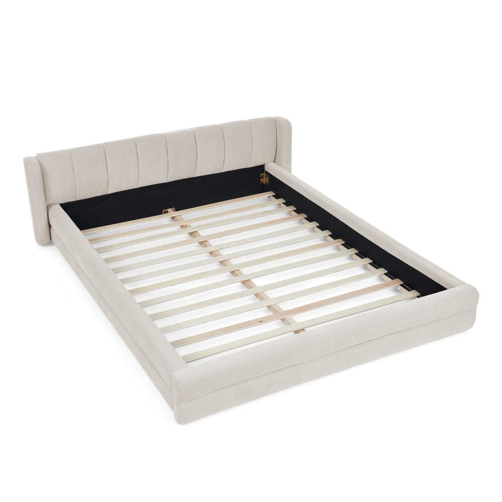 Beige Upholstered Frame Queen Platform Bed with Thick Chenille Fabric and Headboard durable construction