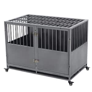 48 in. Heavy-Duty Dog Crate Cage, Chew Proof Pet Metal Cage with 2 Removable Trays and Lockable Wheels