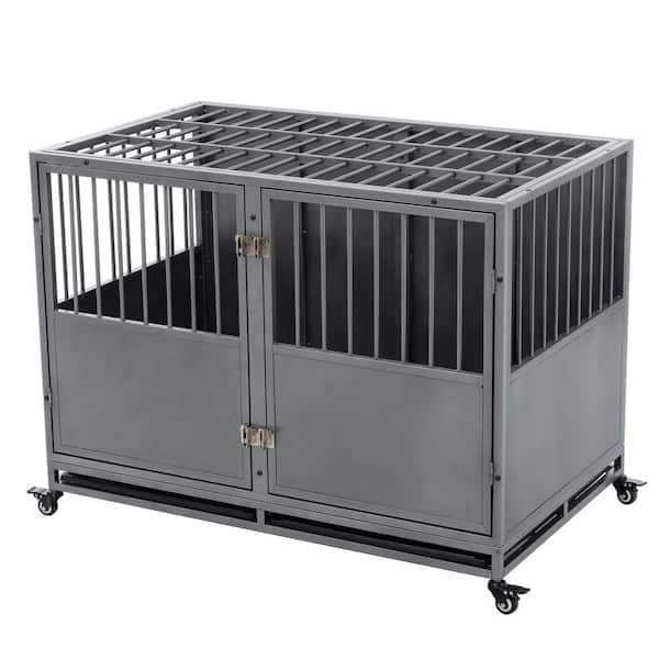Tatayosi 48 in. Heavy-Duty Dog Crate Cage, Chew Proof Pet Metal Cage with 2 Removable Trays and Lockable Wheels