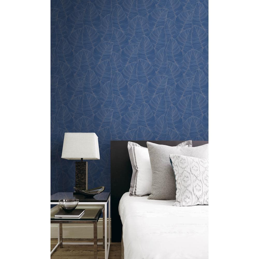 Blue and Silver Non-Pasted Removable Leaf Wallpaper Roll