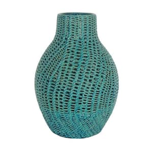 Blue Urn Ceramic Vase with Interlaced Woven Design