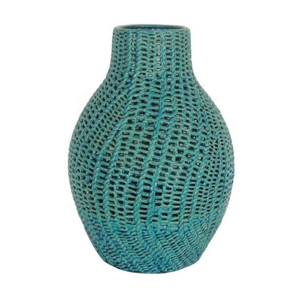 Benjara Blue Urn Ceramic Vase with Interlaced Woven Design