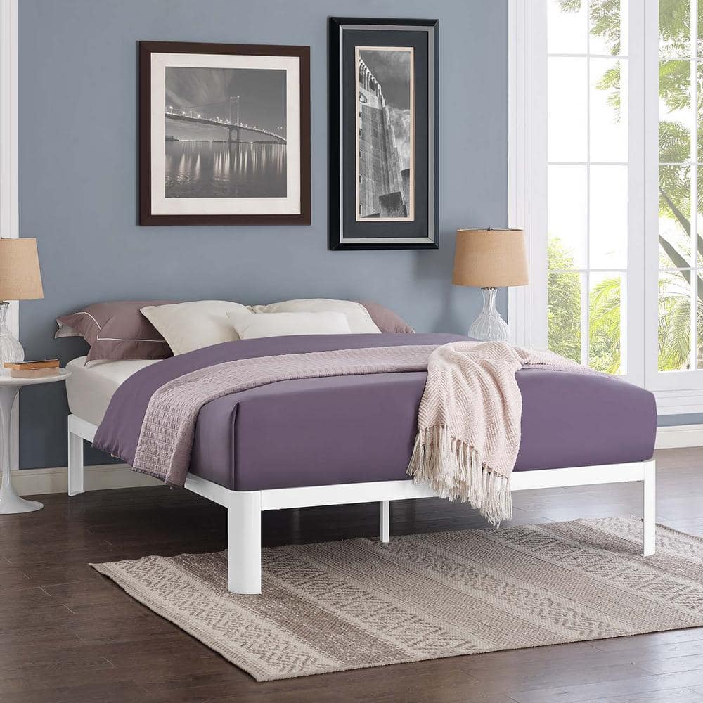 White Full Metal Bed Frame with Wood Slats