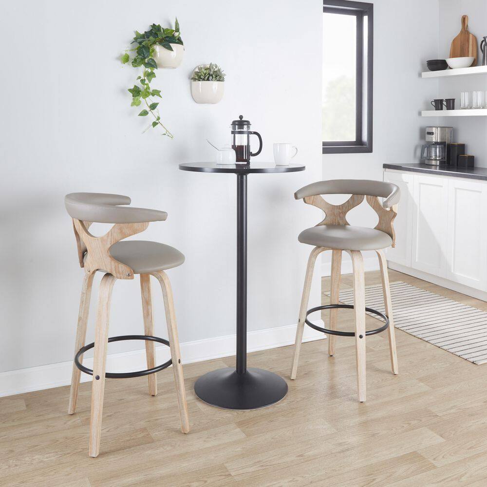 Set of 2 Light Gray Faux Leather and White Washed Wood Swivel Barstools