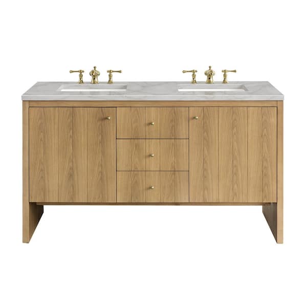 James Martin Vanities Hudson 60.0 in. W x 23.5 in. D x 34.2 in. H Double Bathroom Double Vanity in Light Natural Oak with Victorian Silver Top