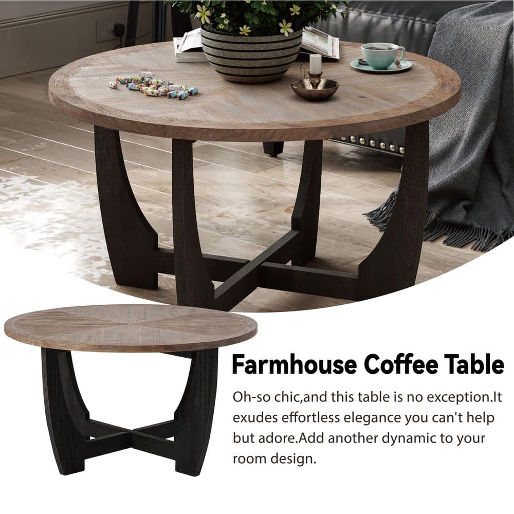Rustic Brown and Black Round Wood Coffee Table with Crisscross Base