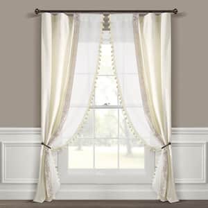 Luxury Vintage 42 in. W x 84 in. L Velvet and Sheer With Border Pompom Trim Window Curtain Panel in Ivory/Ivory Single
