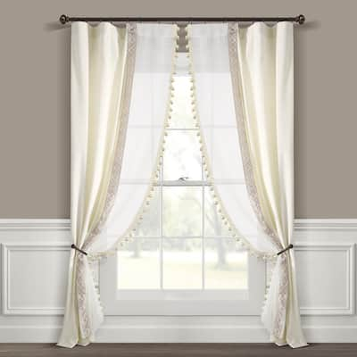 Luxury Vintage 42 in. W x 84 in. L Velvet and Sheer With Border Pompom Trim  Window Curtain Panel in Light Gray Single