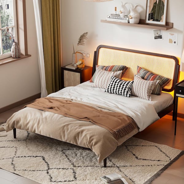 Qualler Antique Brown Wood Frame Queen Platform Bed with LED Light and Rattan Headboard