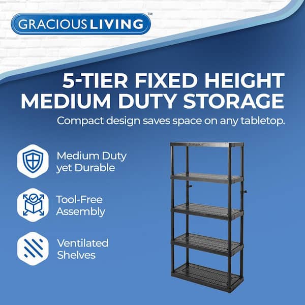 GRACIOUS LIVING Black 5-Tier Plastic Garage Storage Shelving Unit