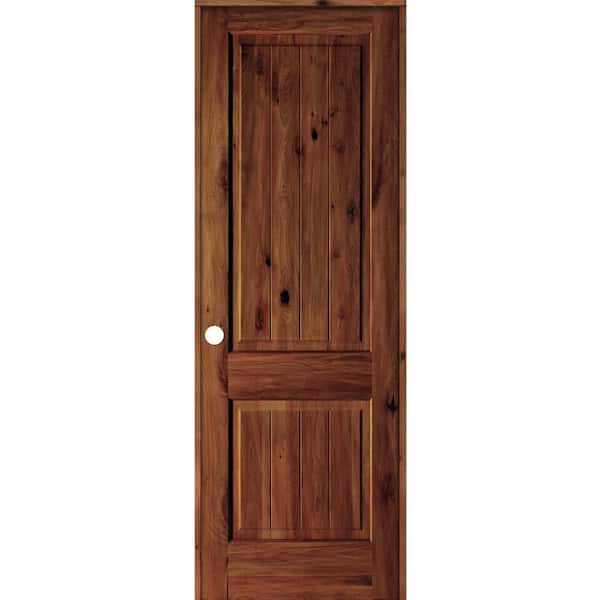 Krosswood Doors 32 in. x 96 in. Knotty Alder 2 Panel Right-Hand Sq. Top V-Groove Red Chestnut Stain Wood Single Prehung Interior Door