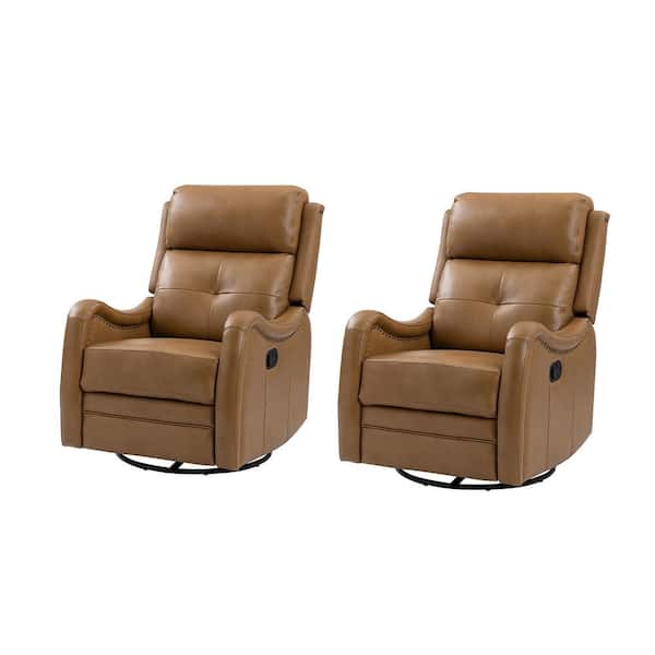 JAYDEN CREATION Gema Camel Genuine Leather Swivel Rocker Recliner with Nailhead Trims For Living Room (Set of 2)